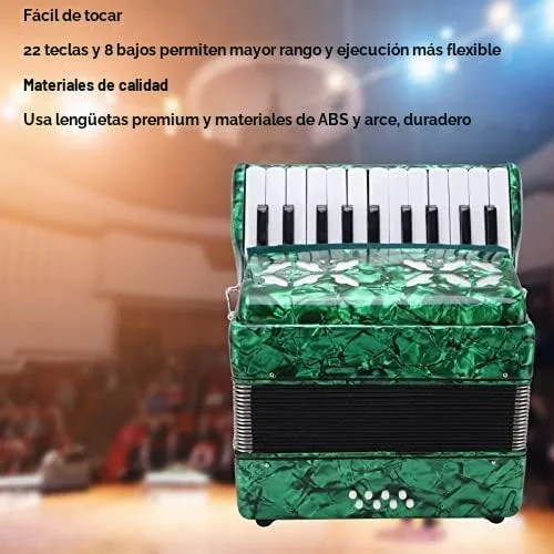 Vista 2 de BTER Acordeón, 22 teclas, 8 bajos, exquisito acordeón de piano de celuloide con correas ajustables, instrumento musical de afinación profesional