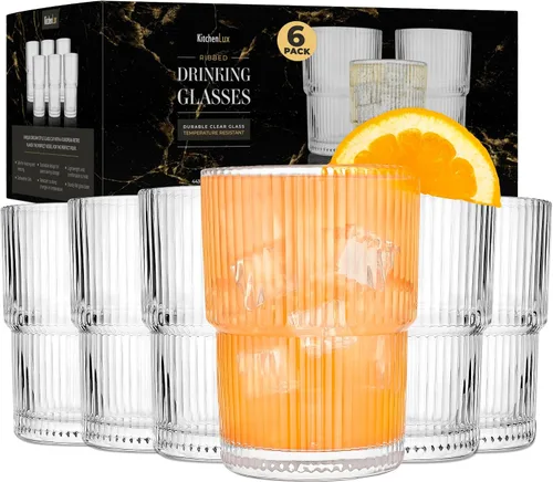 Vista 6 de Kitchen Lux Vasos de vidrio acanalados de 12 onzas – Juego de 6 vasos acanalados – Juego de 6 vasos estéticos con textura vintage retro ondulados