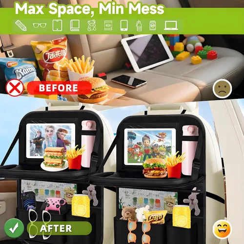 Vista 5 de Organizador de asiento trasero de automóvil de 2 piezas con bandeja plegable, 9 + 2 bolsillos, organizador y almacenamiento para automóvil