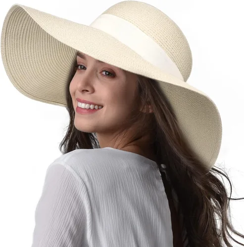Vista 13 de FURTALK Sombrero de paja para mujer, ala ancha, UPF 80, sombrero de verano, plegable, plegable, flexible, para playa Beige