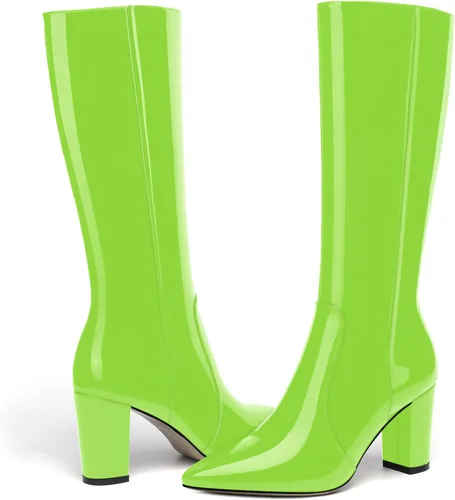 Vista 90 de AMBELIGHT Botas altas hasta la rodilla con cremallera y puntera puntiaguda para mujer, de patente sólida, tacón alto, 3.3 pulgadas