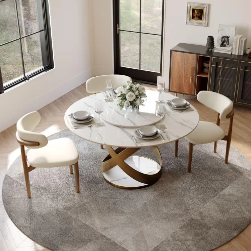 Vista 20 de POVISON Juego de 4 sillas de comedor redondas de lino y algodón con mesa de comedor de vidrio (mesa de comedor de 51 pulgadas + 4 sillas)