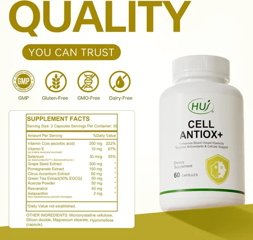 Vista 6 de HUJ Cell Antiox+ Suplemento – Antioxidantes superiores y apoyo celular – Contiene extracto de semilla de uva, extracto de granada, resveratrol