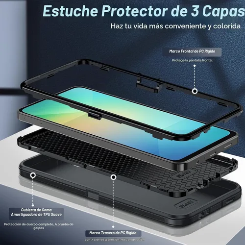 Vista 3 de LeYi - Carcasa para Samsung Galaxy A06, resistente, 3 en 1, color negro with 1 Pack Tempered Glass Screen Protector, Full Body Defender Shockproof