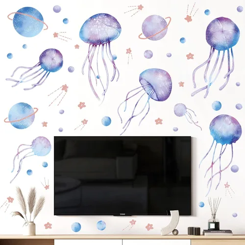 Vista 3 de 4 hojas de calcomanías de pared de medusas de cielo estrellado que brillan en la oscuridad, calcomanías de pared luminosas azul planeta, calcomanías