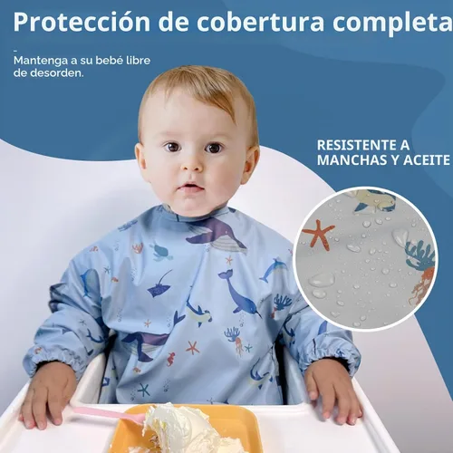 Vista 2 de Baberos de manga larga para bebés, impermeables, con bolsillo para atrapar alimentos para alimentar, comer Azul
