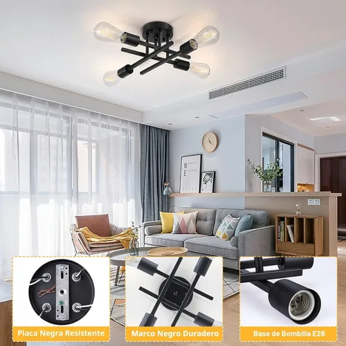Vista 8 de SunRider Lámpara de Techo Industrial Semiempotrada de 4 Luces, Luces de Casa de Campo Moderna Negro Mate, Candelabro Rústico Sputnik para Dormitorio