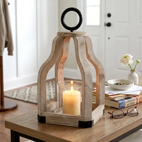Vista 2 de SWALLOWLIVING Farol Huracán de Madera Rústica de Granja de 13" con Portavelas de Vidrio para Patio, Centro de Mesa, Lavado en Blanco