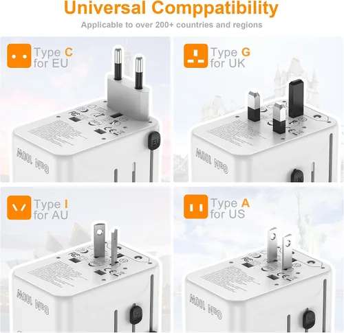 Vista 9 de VYLEE PD100W GaN Adaptador de Viaje Universal, Adaptador de Corriente Internacional Todo en Uno, 3 USB C y 1 USB A y Salida de CA, Adaptador