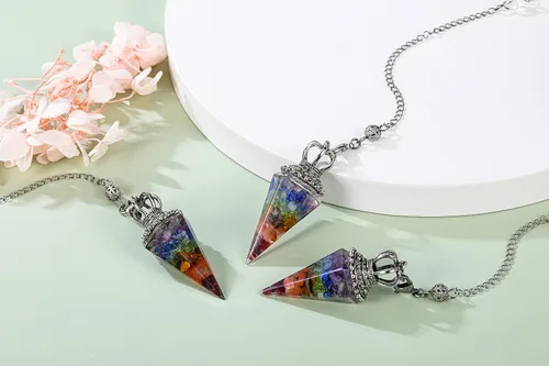 Vista 5 de Jovivi Péndulos naturales de cristal curativo de 7 chakras para radiestesia de adivinación, corona de 6 hechos, piedras de resina puntiagudas