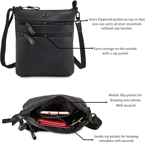 Vista 5 de Cochoa Bolso cruzado pequeño de cuero real con triple cremallera para mujer, bolso cruzado vintage de primera calidad (juego de 2), Combo de bolso