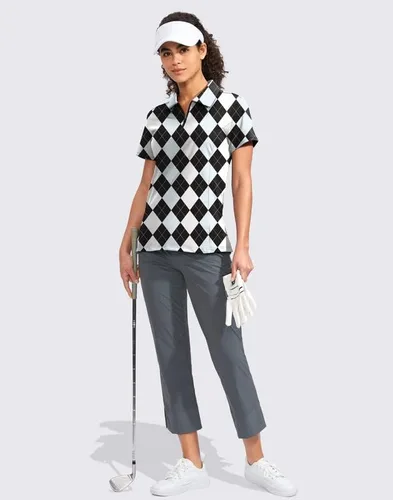 Vista 6 de Viodia Camisa de golf para mujer, manga corta, con cremallera, de secado rápido, elástica, con cuello de tenis, ropa de golf
