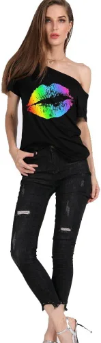Vista 20 de MAGICMK - Camiseta casual para mujer, con estampado de labios y hombro descubierto, talla extragrande