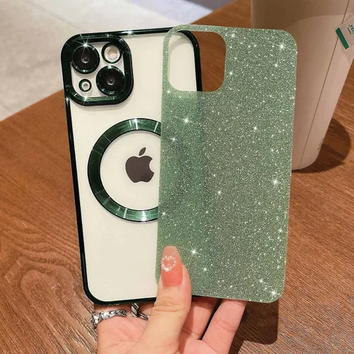 Vista 4 de Compatible con iPhone 13 Funda magnética con purpurina, bonita funda transparente chapada de lujo, compatible con MagSafe para mujeres y niñas
