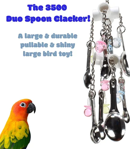 Vista 6 de Bonka Bird Toys 3500 Duo Cuchara Clacker de 16 x 3.50 pulgadas, gran juguete de jaula de rompecabezas de loro, Amazon, gris africano, eclectus