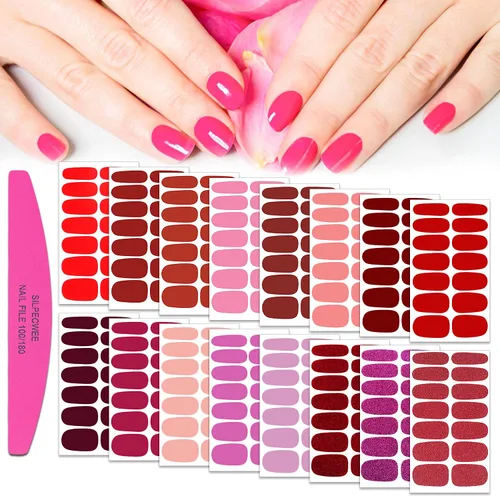 Vista 12 de 224 piezas de 16 hojas de tiras de esmalte de uñas de color sólido, calcomanías adhesivas de uñas completas para mujeres, tiras de uñas de gel
