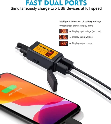Vista 3 de Cargador USB para motocicleta, adaptador Mroinge 4.8A SAE a USB con voltímetro y amperímetro, enchufe de desconexión rápida con cargador USB doble