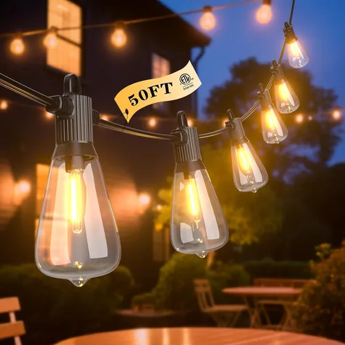 Vista 13 de Guirnalda de luces LED para exteriores, 25 pies, impermeables, para patio, con 12+1 bombillas Edison ST38 inastillables, luz colgante blanca cálida