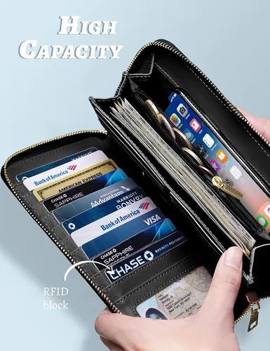 Vista 2 de Cartera para mujer con tarjetero para tarjetas de crédito, bolsillos para dinero, correa de pulsera, monedero con bloqueo RFID, gran capacidad
