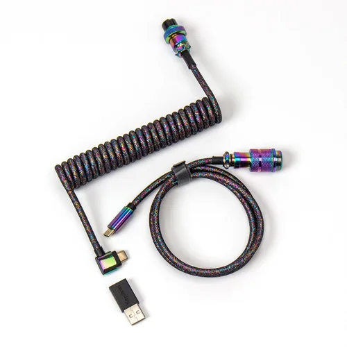 Vista 9 de Keychron Cable morado en ángulo USB-C en espiral premium, conector de metal desmontable GX16 de 5 pines, adaptador USB-A, diseño de doble manga