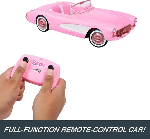 Vista 8 de Barbie Hot Wheels RC Corvette from The Movie, auto de juguete con control remoto de función completa con capacidad para 2 muñecas