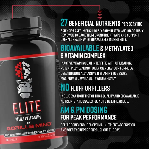 Vista 3 de Gorilla Mind Elite Multi-Vitamin (180 Cápsulas) – Fórmula Multivitamínica Diaria Formulada para Rendimiento Máximo 27 Nutrientes para Compensar