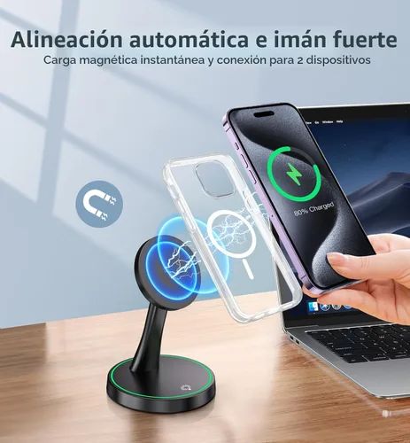 Vista 6 de Soporte de Cargador Inalámbrico Magnético 15W Carga Rápida Mag-Safe para iPhone 17/17 Pro/17 Air/17 Pro Max 16/15/14/13/12 Serie Negro