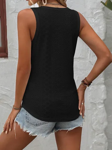 Vista 2 de WDIRARA Camiseta sin mangas con cuello en V para mujer, con bordado y ojales