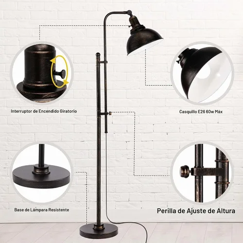Vista 5 de PARTPHONER Lámpara de pie industrial ajustable, lámpara de lectura rústica de granja en acabado negro envejecido, lámpara de pie moderna