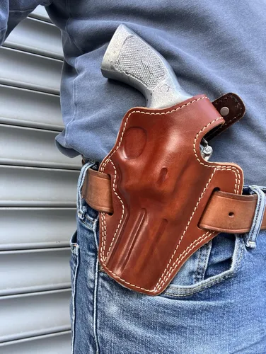 Vista 7 de Funda de cuero hecha a mano para Smith y Wesson Modelo 686 357 Magnum 4 pulgadas barril negro bronceado mano derecha