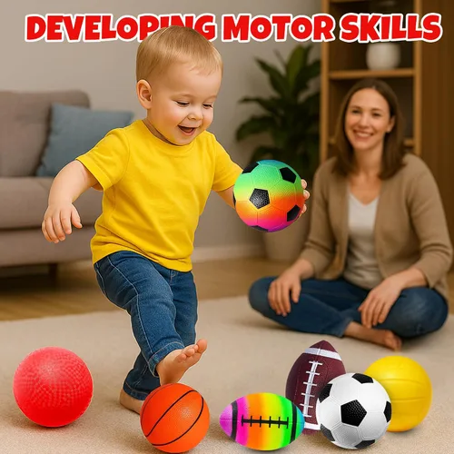 Vista 3 de Paquete de 8 pelotas para niños pequeños, pelotas de fútbol de 5 pulgadas, fútbol, baloncesto, pelotas de playa, kickball para juegos al aire libre