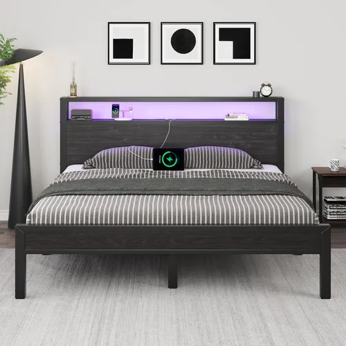 Vista 56 de LOEWAY Base de cama tamaño Queen con cabecero de almacenamiento y luces LED, color gris