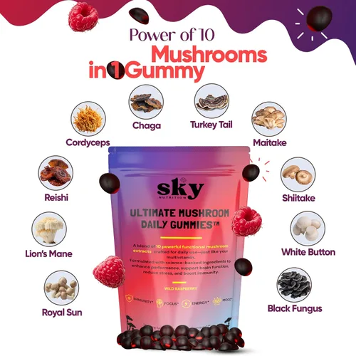 Vista 6 de SKY NUTRITION Gomitas de hongos – Suplemento de hongos adaptogénicos 10 en 1 para adultos – Melena de león, Reishi, Cordyceps, Chaga, cola de pavo