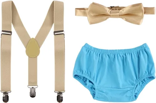 Vista 4 de Conjunto de ropa para festejar el primer cumpleaños de bebés, calzón pañalero con tirantes y corbata de moño. Beige & Blue