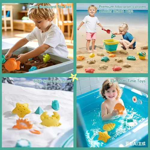 Vista 3 de Juguetes de playa para niños, el juego de juguetes de arena incluye pala de cubo de arena plegable y rastrillo de arena para playa, 12 piezas