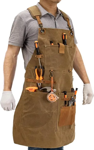 Vista 3 de Delantal de trabajo con bolsillos para herramientas, delantal resistente para carpinteros, mecánicos, herreros, carpinteros para regalo