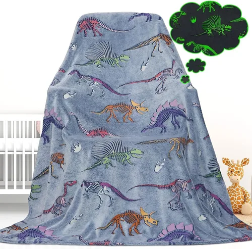 Vista 18 de Gdindff Bonita manta infantil que brilla en la oscuridad con diseño de dinosaurio para niños, de franela que brilla en la cama, sofá, sofá, manta