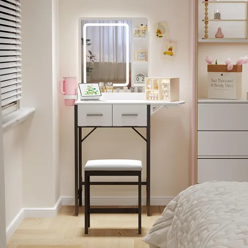 Vista 9 de Pequeño escritorio de tocador para espacio pequeño: juego de mesa de maquillaje compacto para dormitorio pequeño - Vanidad que ahorra espacio