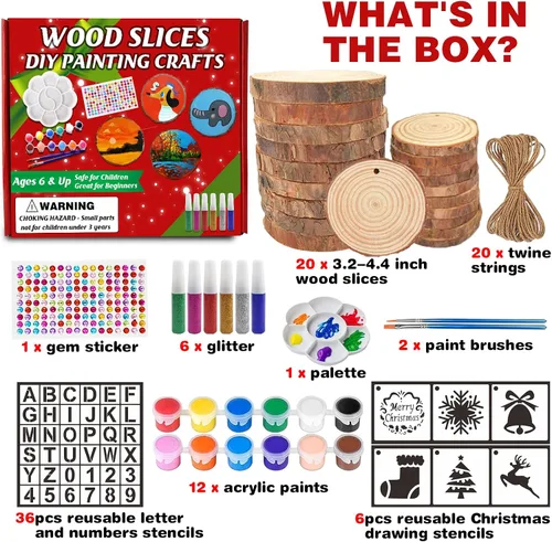 Vista 4 de Collabell Kit de adornos de Navidad de madera, 20 piezas de rebanadas de madera natural sin terminar con agujeros preperforados para pintar