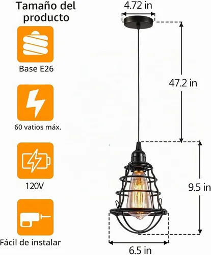 Vista 2 de INNOCCY - Lámpara colgante industrial Edison E26 E27, base vintage ajustable, lámpara colgante para cocina, hogar, 2