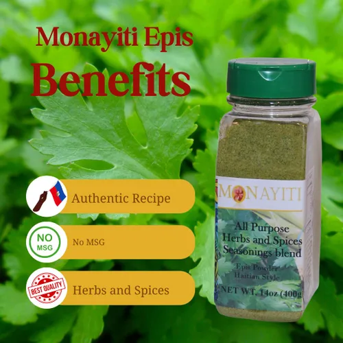 Vista 6 de Monayiti Epis Haitian Style Seasoning 14oz (400g). Condimentos en polvo. Mezcla de perejil, cebolla, ajo, base de pollo, sal, especias. No vegano.