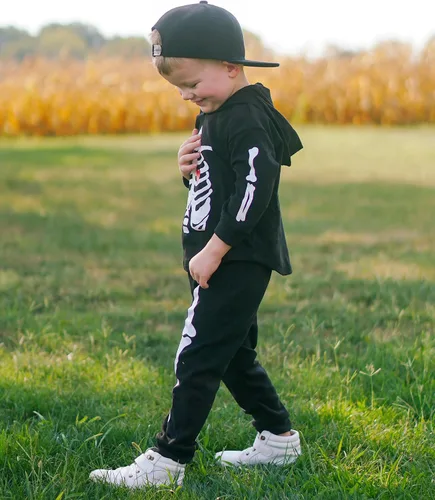 Vista 3 de Conjunto de ropa de niños pequeños con capucha y sudadera a cuadros de manga larga para otoño e invierno Esqueleto negro