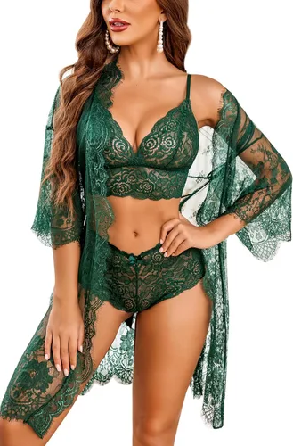 Vista 14 de Avidlove Conjunto de lencería de 3 piezas para mujer, bata de encaje Negro