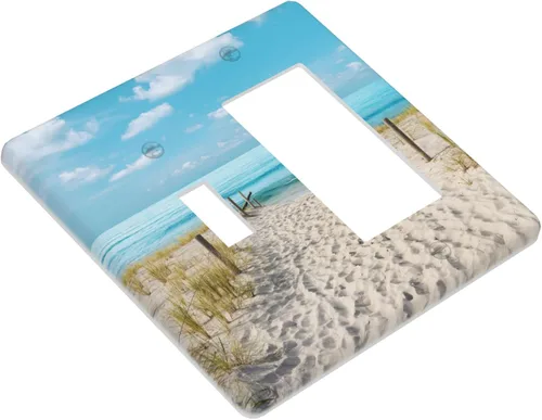 Vista 3 de Blue Ocean White Sand Beach 2 Gang Combination Toggle Rocker - Placa de pared para interruptor de luz doble, cubierta de salida decorativa eléctrica