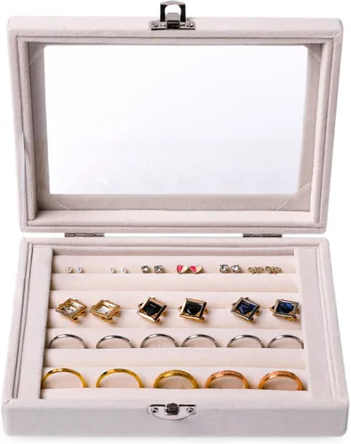 Vista 2 de Frebeauty Bandeja organizadora de anillos de terciopelo pequeña Beige
