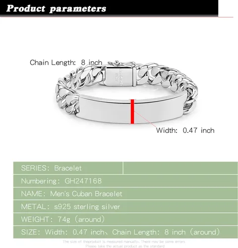 Vista 3 de Pulsera de plata de ley 925 maciza de eslabones cubanos de Miami para hombre, de 0.47 pulgadas, rectangular, 7, 7.5, 8, 8.5, 9, 9.5, 10 pulgadas