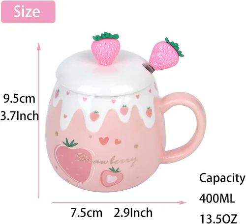 Vista 2 de Taza rosa, lindas tazas de fresa con cuchara coladora de tapa, regalos para mujeres, tazas de café de cerámica, taza de té Kawaii de 15 onzas
