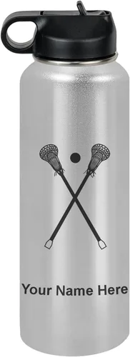 Vista 14 de LaserGram Botella de agua personalizada, palitos de lacrosse, acero inoxidable de doble pared aislada al vacío con popote superior, regalo grabado