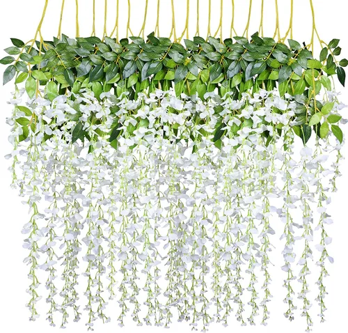 Vista 7 de Guirnalda de flores tipo glicinias artificiales de seda para colgar en el hogar, fiestas o bodas Morado claro