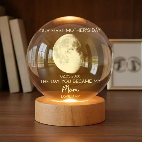 Vista 5 de Pofily Pareja besándose bajo la luz de la luna, Fase lunar personalizada por fecha, luz nocturna LED de bola de cristal personalizada, regalo
